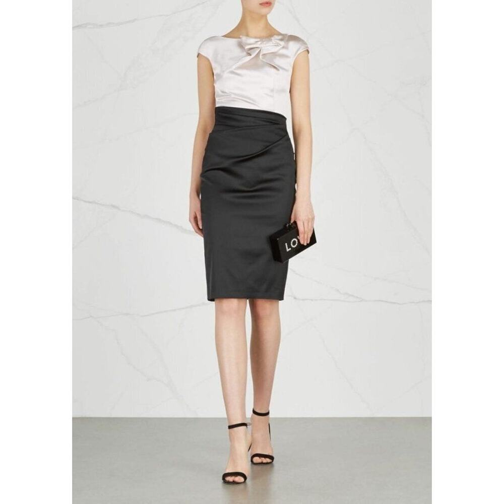 $1350 Talbot Runhof Pearl & Black Satin Ruched Bow Neckline Sheath Dress 18 NEW